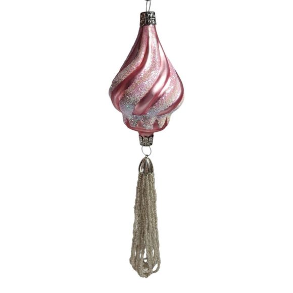 Czech Republic Hand Blown Glass Teardrop Swirl Pink White Glitter Beaded Tassel - Picture 1 of 7